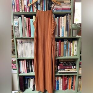 Slinky tan pleated strappy long dress